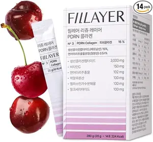 FILLAYER PDRN Collagen Liquid 3000mg Marine Collagen with Hyaluronic Acid Elastin Vitamin C Ceramide Tart Cherry Flavor 14 Packets