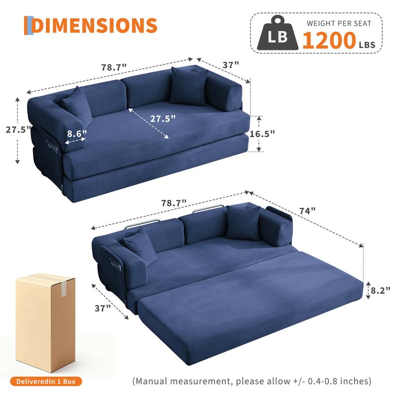 Multi-Functional 5-in-1 Convertible Sleeper Sofa Bed, 78.8'' Oversized Corduroy Futon Couch with Sturdy Frame & 2 Pillows, No Assembly for Living Room Bedroom