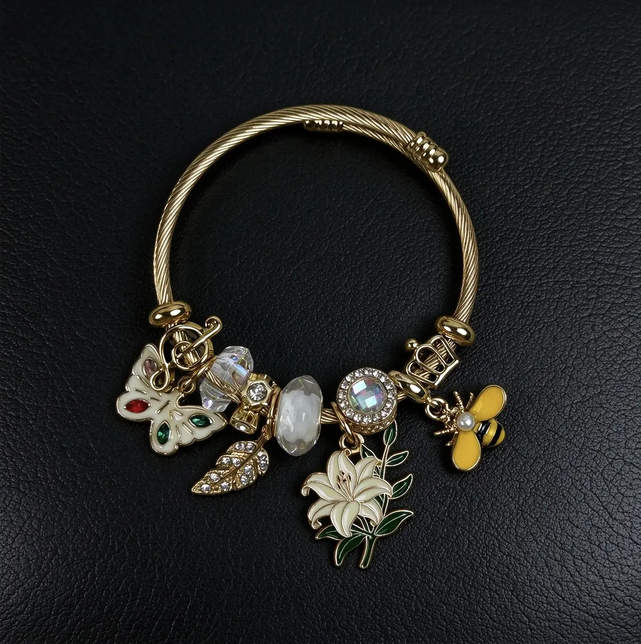 Luxury Gold Tone Adjustable Open Wire Bangle for Women, Sparkly Crystal Rhinestone, Enamel Butterfly Bee Lily Floral Dangle Charms, Fashion Jewelry Birthday Gift for Teen Girls