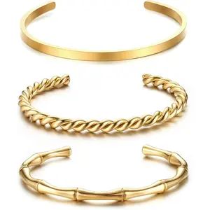 Drperfect 3 counts Open Bangle for Women Stainless Steel Smooth Polished Twisted Bangle Bracelet Set Fashion Stackable Cuff Bracelet / Daily