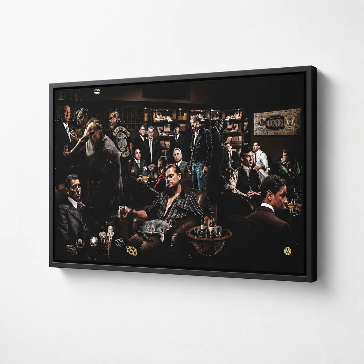 All Time Gangster Movie Legends Bar Collage Canvas Wall Art | Vintage Mafia Godfather Sopranos Scarface Movie Character Framed Poster Man Cave Decor