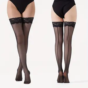 Back Seam Silicone Lace Thigh High Socks One Pair Sheer Stockings Garter Glueless Adhesive Stay-up