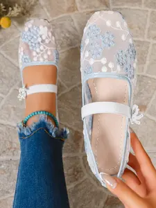 Breathable Mesh Embroidered Women's Ballet Flats, Casual PU Leather Square Toe, Plaid Pattern, All Seasons, Comfortable Slip-On Shoes