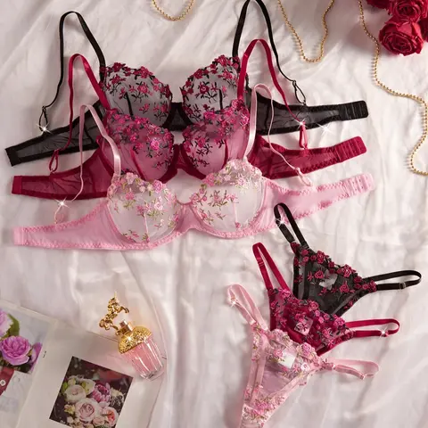 Women's Floral Embroidery Sheer Bra & Thong Set, Sexy Adjustable Strap Backless Bra & Panty Set, Lingerie Set for Women