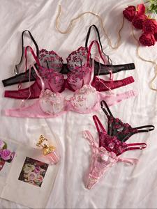 women's floral embroidery sheer lace bra & thong set, sexy adjustable strap backless bra & panty underwear sets, lingerie set for women