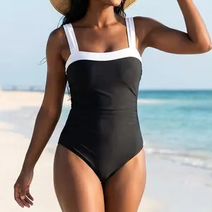 Black White Color Block One Piece Swimsuit Women Square Neck Tummy Control Ruched Bathing Suit