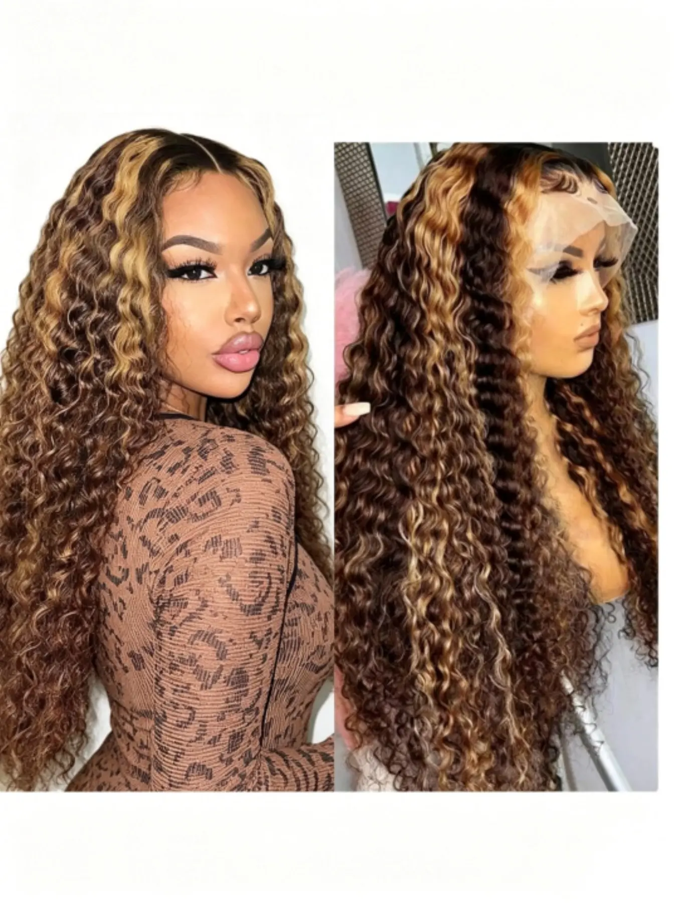 13X4 Deep Wave Lace Front Wigs in Honey Blonde P4/27 with HD Lace Frontal, Featuring Baby Hair. These Wigs Have a Density of 180% And Deep Curly Lace Fronts for Women, Pre-Plucked And Glueless Ready To Wear Wig. Human Hair Wave