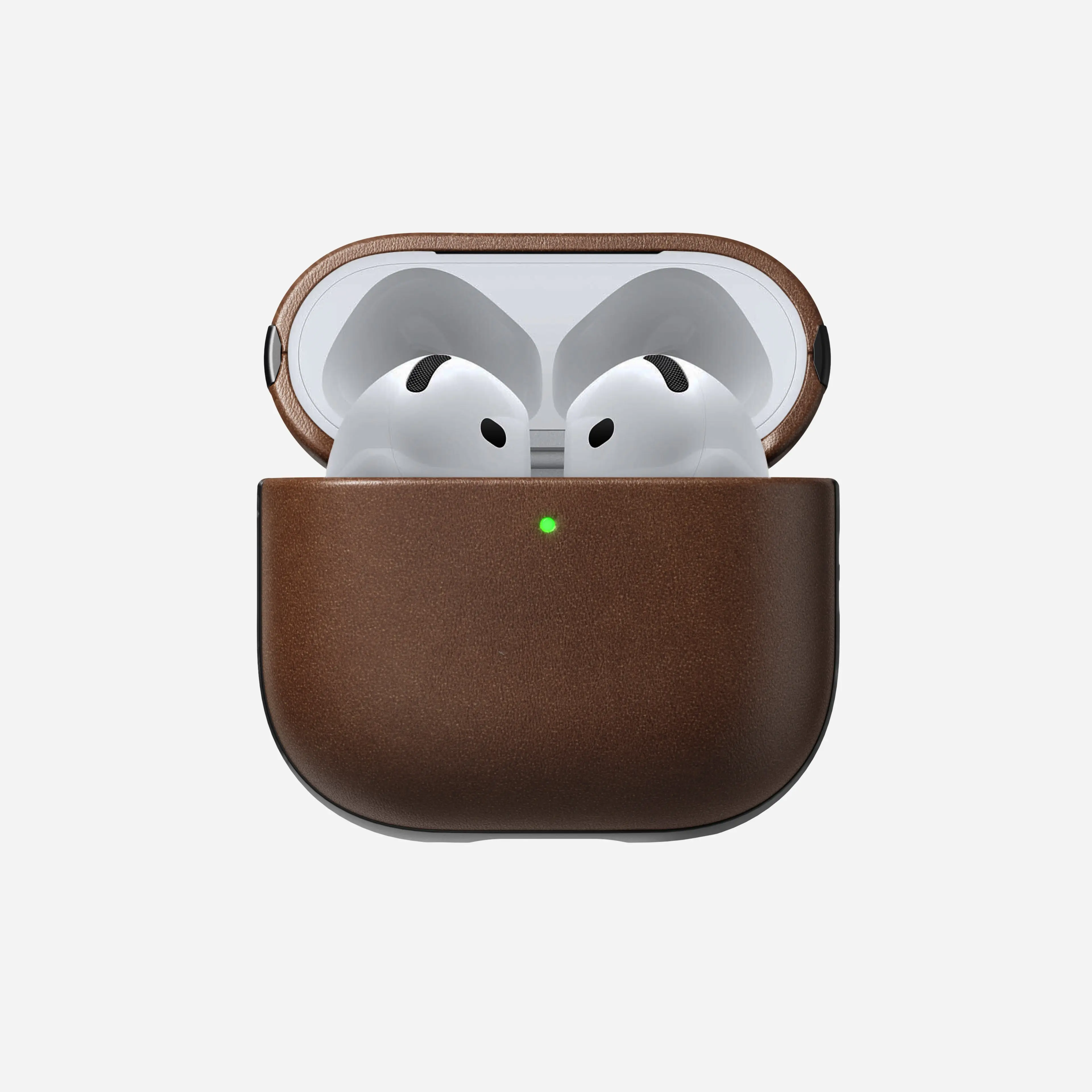 NOMAD Sustainable Modern Camino Leather Case for AirPods 4 - Brown, Lanyard-Included, Microfiber Lined, LED Light Pipe, Charging Light, USB-C Port Protection, Premium Audio Headphone Guard
