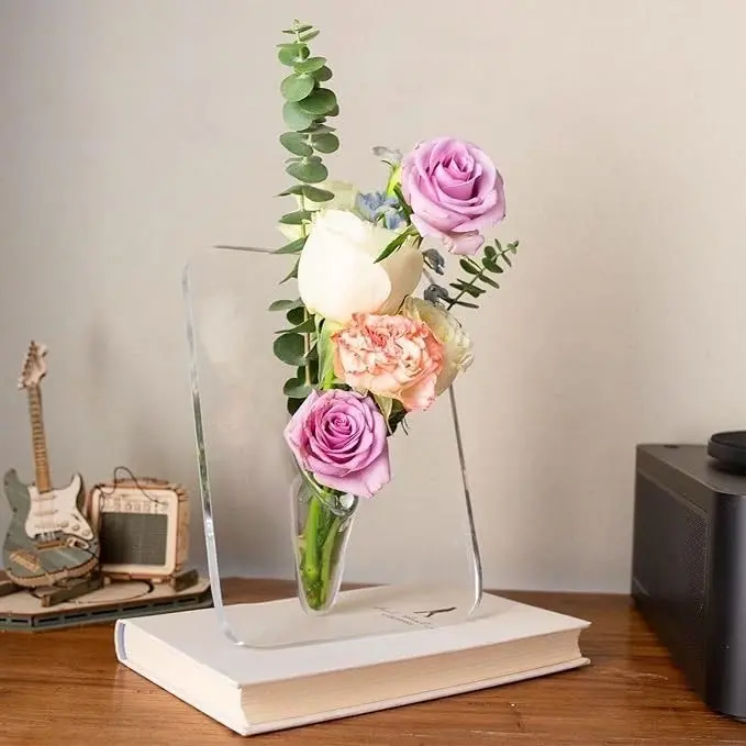 Modern Acrylic Flower Arrangement Vase Clear Rectangular Design with Intricate Frame Like Structure Elegant Decorative for Home Office Table Decor Perfect Gift for Easter Mother's Day Friends Boyfriend Girlfriend