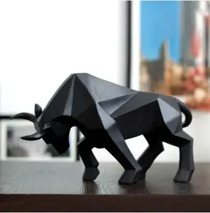 Geometric Elegance: Modern Black Resin Bull Sculpture
