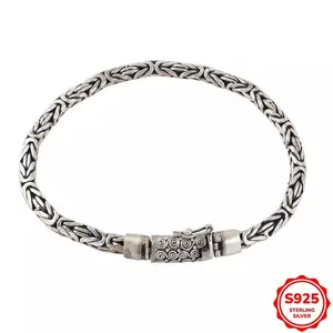 S925 Silver Hand-Woven Thin Bracelet, Retro Oxidized Silver Chain with Engraved Clasp for Men & Women