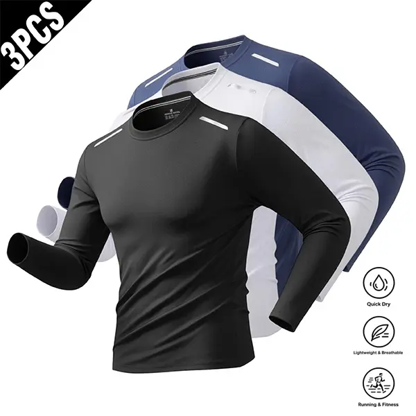 Men’s 3-Pack Crew Neck Quick-Dry Long Sleeve Shirts - Lightweight, Breathable, Reflective Stripe, Slight Stretch, Form-Fitting Solid-Color Sports Base Layers for Outdoor Running, Fitness, Long Sleeve Shirt