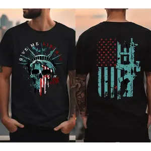 Give Me Liberty Skull Graphic T-Shirt American Flag Tactical Tee, Unisex Graphic Shirt, Casual Short Sleeve Shirt, Modern Classic Fit Tee, Full Colors