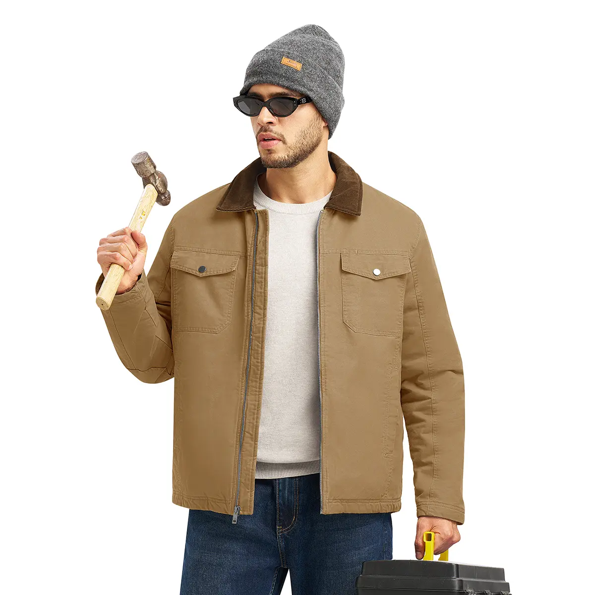YSENTO Men's Winter Workwear Jackets, Sherpa Detroit Barn Trucker Fleece Jacket 5 Pockets Full Zip Heavy Warm Cotton Coats Casual Long Sleeve