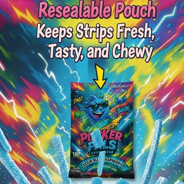 Pucker Pals Sour Candy – Blue Raspberry Extreme Gummy Candy Sour Strips, Bold Sweet & Sour Belts, Gummies For Party Size Gummy Worms Halloween Stocking Stuffers Game Night Boys Girls Teen Kids Adults
