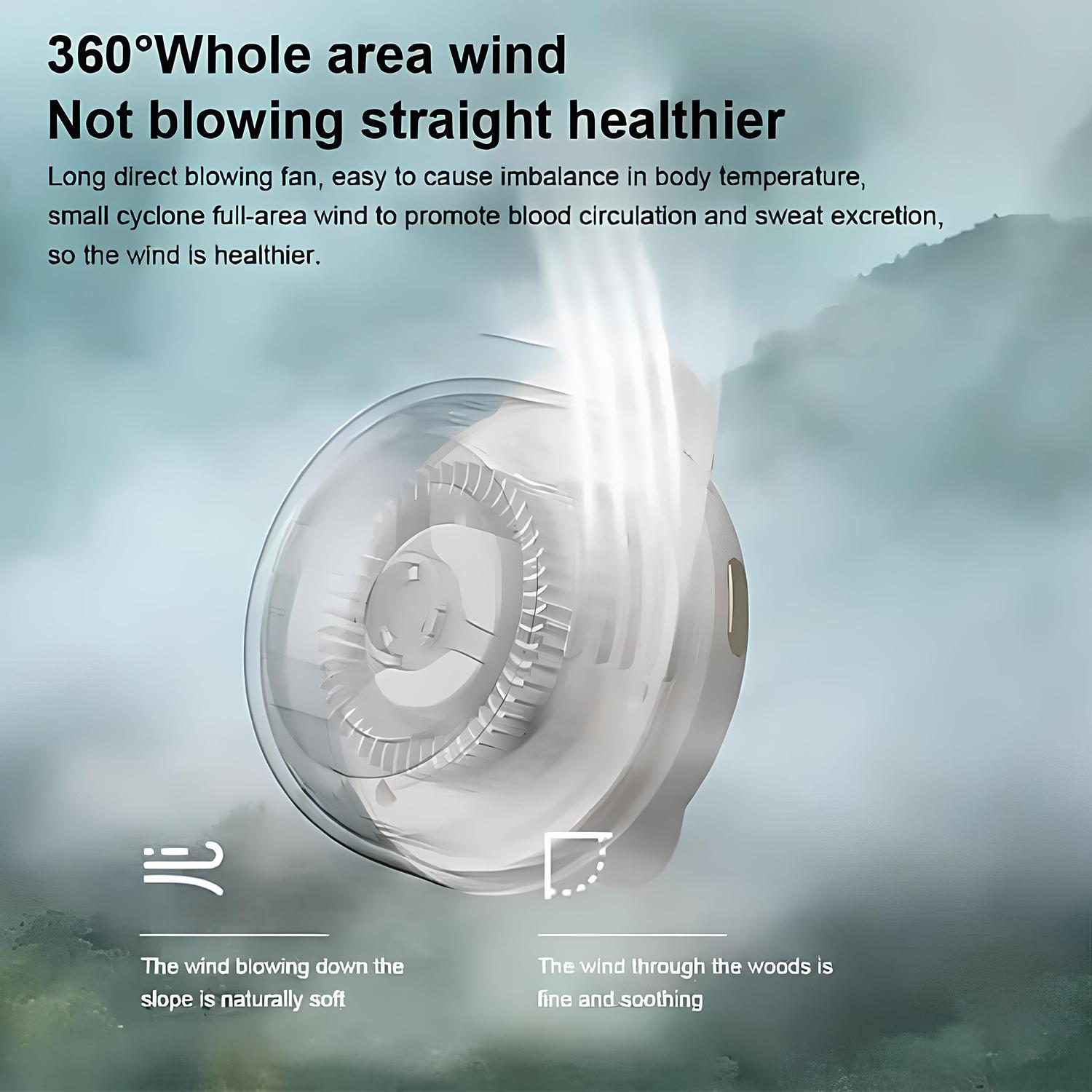 Portable USB Rechargeable Small Hands-free Fan Whirlwind Bladeless Fan 3-Speed Suspended Collar Waist Rotatable Fans for Outdoor Travel Office Travel