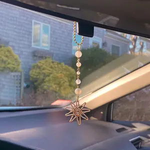 Sun Hanging Car Charm,Green and Gold Rear View Mirror Accessories Cute Boho Dangling Sun Car Decor Handmade Healing Crystals Stones Ornament Gifts for Women Men (Clear)