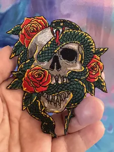 Embroidered Skull Snake Rose Patch Iron On Biker Gothic Tattoo Style Rock for Jackets Jeans and More