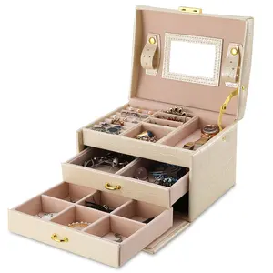 ER 3-Layer Lockable Travel Jewelry Case Organizer PU Leather Storage Display Case Mirror for Protective Bracelets Rings