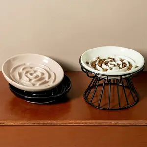 6 Inch Maze Shape Licking Dish with Ceramic Slow Feeder Plate, Anti-Choking, Anti-Tipping Cat Food Feeding Bowl for Home Use