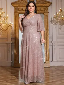 Plus Size Deep V Neck Rhinestone Sparkle Long Sleeve Evening Dress, Formal Wear, Formal Party Gown, Elegant Solid Color Floor-Length Skirt