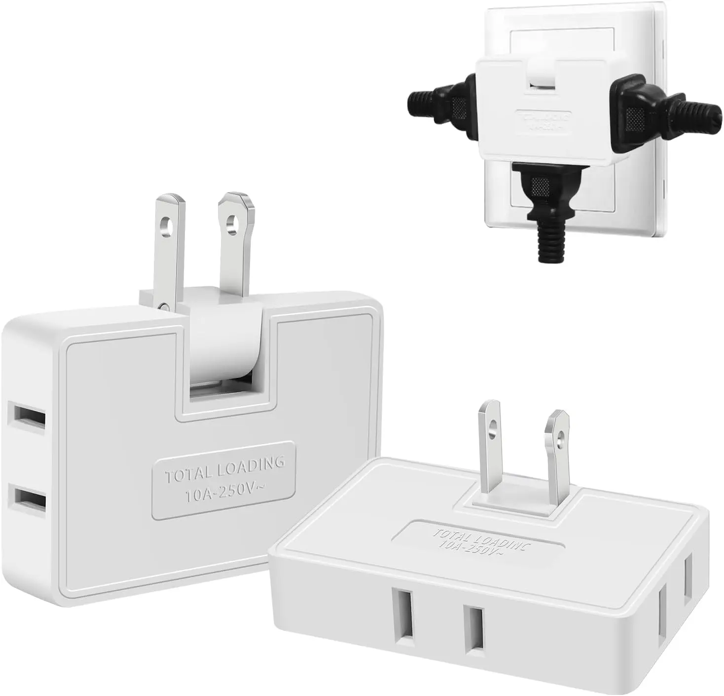 3 Way Flat Wall Outlet Extender Adapter- 2 Pack 180 Degrees Rotatable Flat Plug AC Adapter, 2 Prong Foldable Swivel Outlet Extender, Outlet Splitter for Behind Furniture (White, Type A)