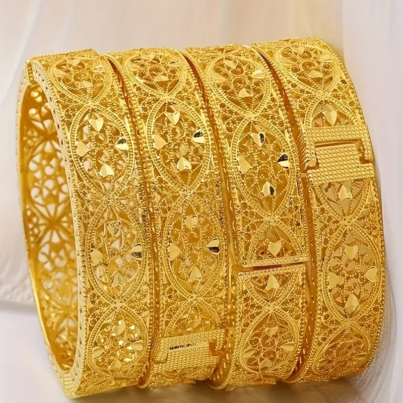 Women's 4pcs Gold Elegant Bangle Set - European & American Luxury Bracelets, Heart-Design Wedding Accessories, Valentine's Gifts for Girlfriend, Modern Fashion Jewelry