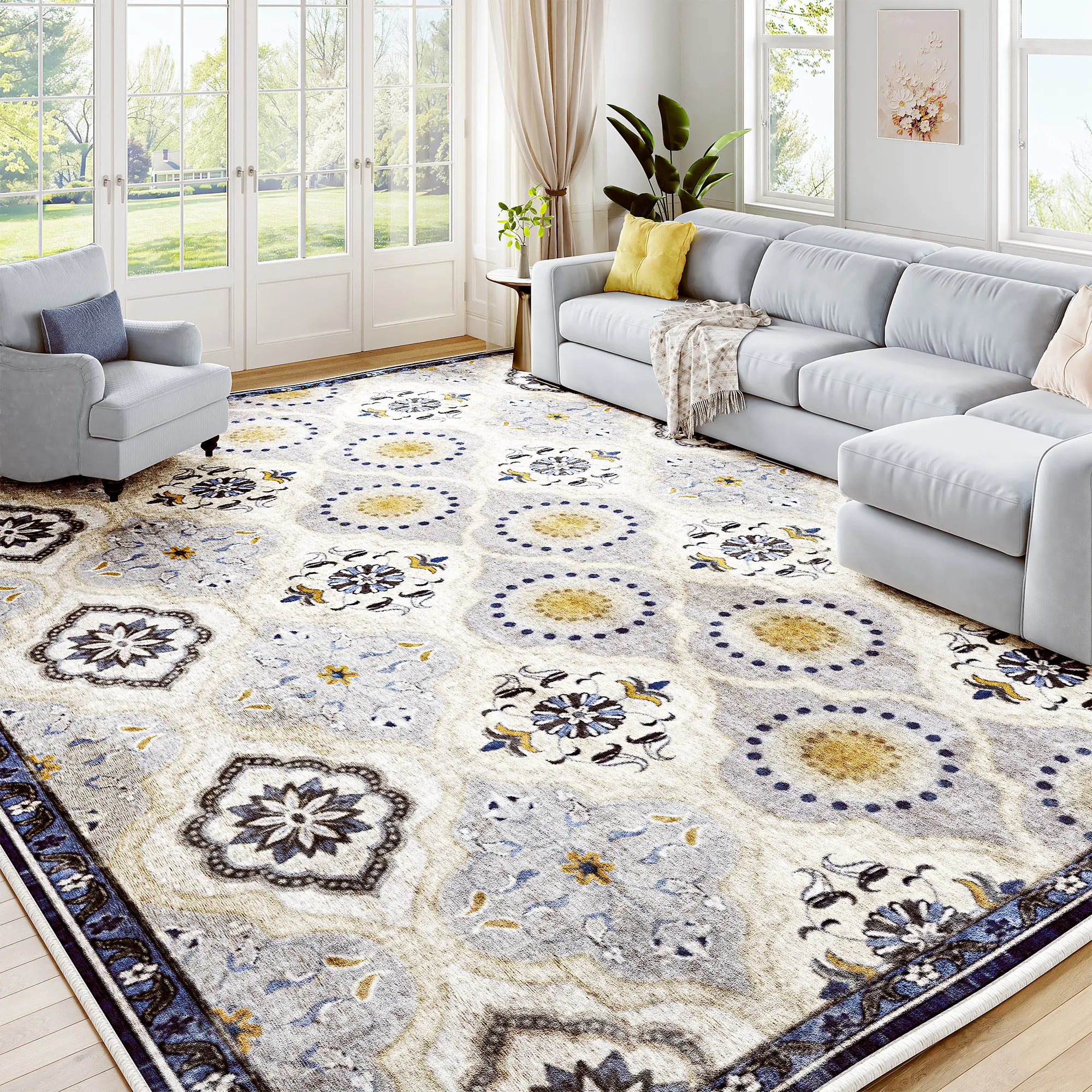 RaybeeFurniture Boho Area Rug, Soft Washable Rugs for Living Room, Bedroom, Non Slip Low Pile Stain Resistant Washable Rug, Large for Dining Room, Office, Easy to Clean Living Room Rug