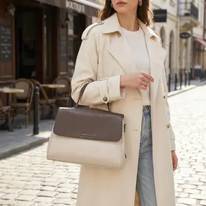Color Block Genuine Leather Top Cowhide Handle Bag for Women Minimalist Work Satchel