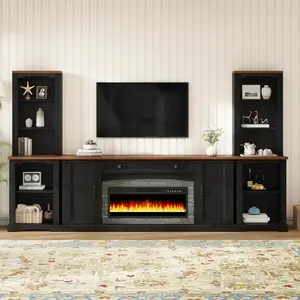3-Piece Entertainment Center with Mantel Electric Fireplace Heater for TVs Up to 70", Farmhouse TV Stand Set with Storage Cabinets and Bookshelves for Living Room, Black