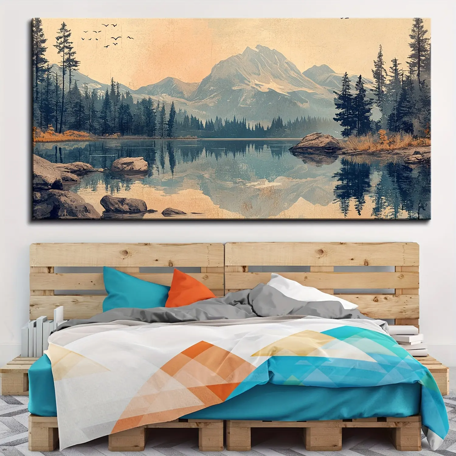 1-Piece Artistic Framed Canvas Painting - Creative Snowy Mountain, Forest & Lake Landscape Decorative Artwork, Unique Decor for Bedroom, Living Room & Dining Room Wall Decoration, Home Decor Birthday Gift
