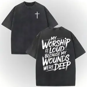 "My Worship Is Loud Because My Wounds Were Deep" Christian T-Shirt, Dual-Sided Cross & Quote Tee, Black Washed Cotton Top, Faith-Inspired Shirt，shirt,Women's fashion,summer Women's clothes,vintage shirts, drench tee