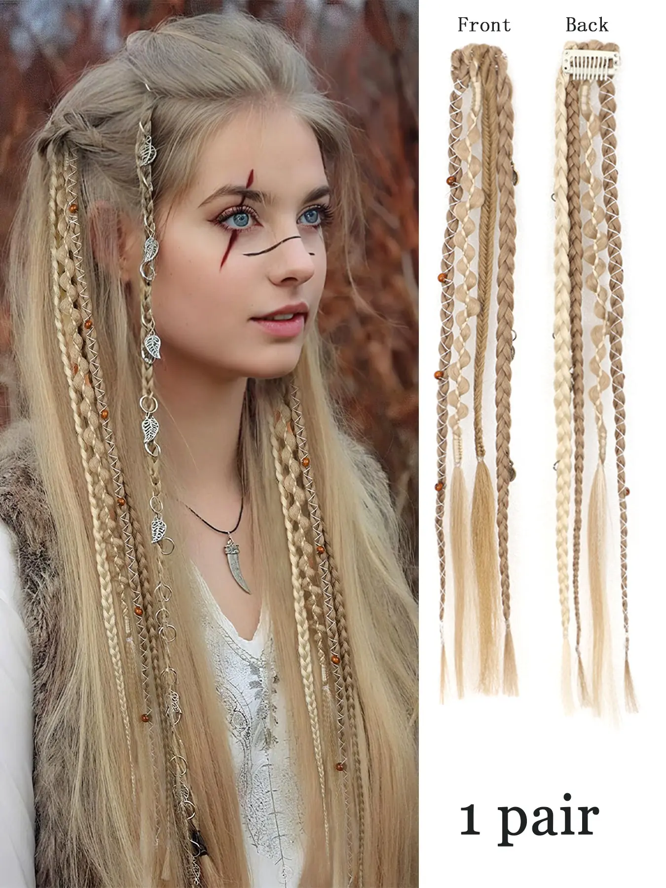 20-Inch Boho Hair Extensions, Handmade Synthetic Clip-In Braids, Beaded Dangles, 2-Pack, Light Gold/light Hemp, Daily/cosplay/party Style, Synthetic Braided Hairpieces