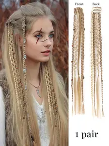 20-Inch Boho Hair Extensions, Handmade Synthetic Clip-In Braids, Beaded Dangles, 2-Pack, Light Gold/light Hemp, Daily/cosplay/party Style, Synthetic Hairpieces