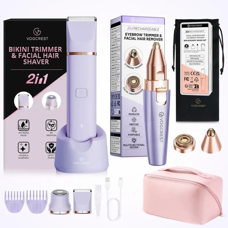VG VOGCREST Women's ABS Cordless Hair Trimmer - USB Rechargeable Electric Razor, Underarm Trimmer, Intimate Area Groomer, IPX7 Waterproof Wet/Dry Gold Travel Kit for Adults, Face