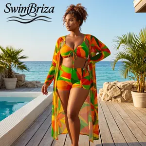 Briza｜Women's Plus Size Tie Front High Waisted Bikini Set with Swim Shorts and Kimono Cover Up, Orange Green Geometric Print Stretchy 3-Piece Swimsuit, Chic Vacation Beachwear and Bathing Suit for Summer Pool Resort, Women's Swimwear