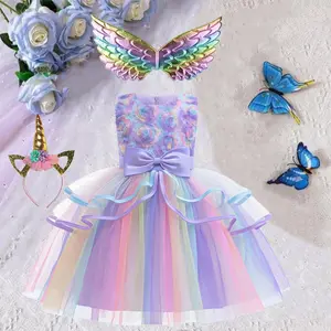 026 (3PCS Dress + Headband + Wing )Young Girl Unicorn Dress Party Dress Baby Girl Summer Casual Girls Princess Dress Lovely Floral Unicorn Print Tulle Puffy Dress