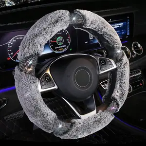 Microfiber Plush Steering Wheel Cover with Bling Bling  Rhinestones for Winter Warm, Universal 15 inch Fuzzy Steering Wheel Cover,Gray
