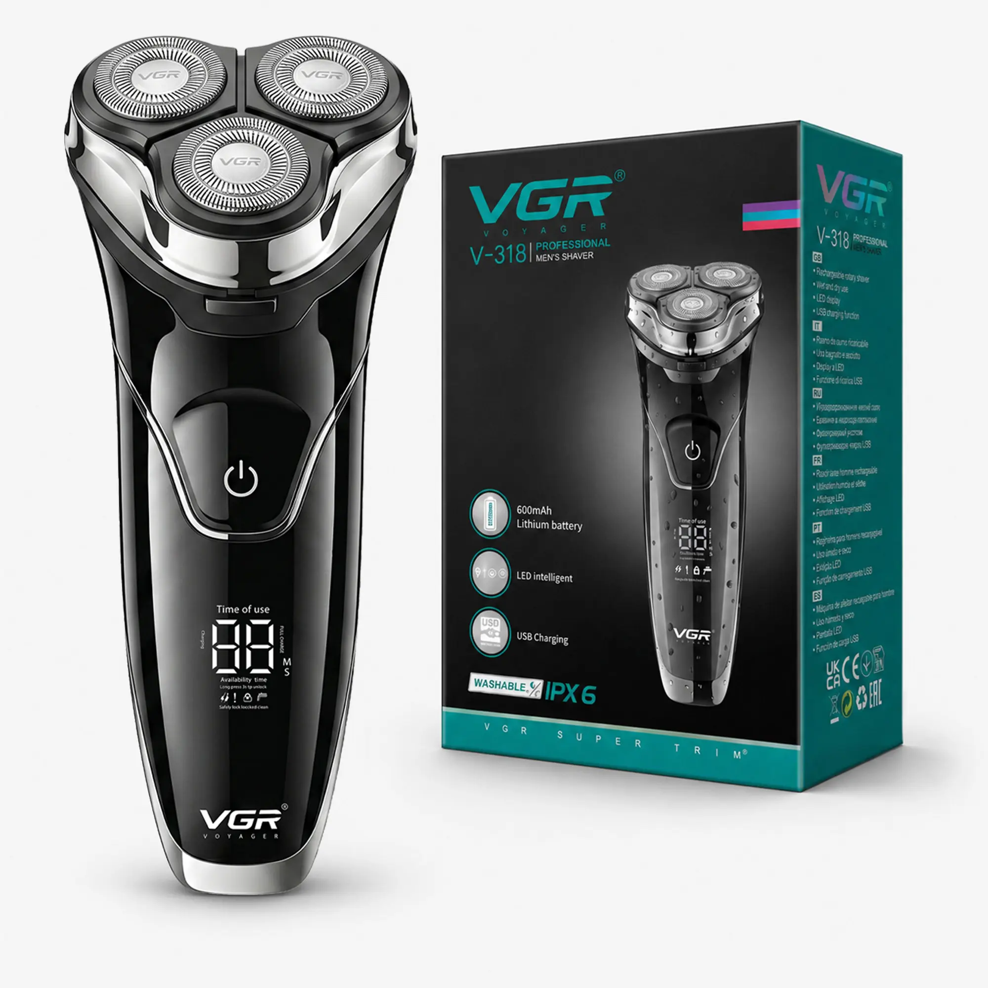 VGR 318 3-Head Rotary Shaver for Men with IPX6 Wet Dry Design | 600mAh battery; 90min runtime; cleaning brush; blade protective cap; LED Display
