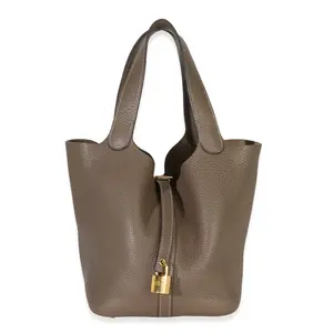 Pre-owned HERMÈS leather Shoulder Bags NY153282 Etoupe Clemence Picotin Lock 22 GHW