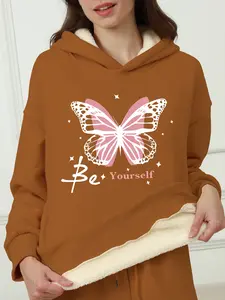 Women's Thick Fleece Knit Hoodie, Be Yourself Letter & Butterfly Print, Casual Fitted Winter Pullover, Warm & Comfortable, Ideal for Outdoor Wear, Long Sleeve