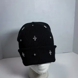 Black Knit Beanie with Cross Embellishments for Men and Women