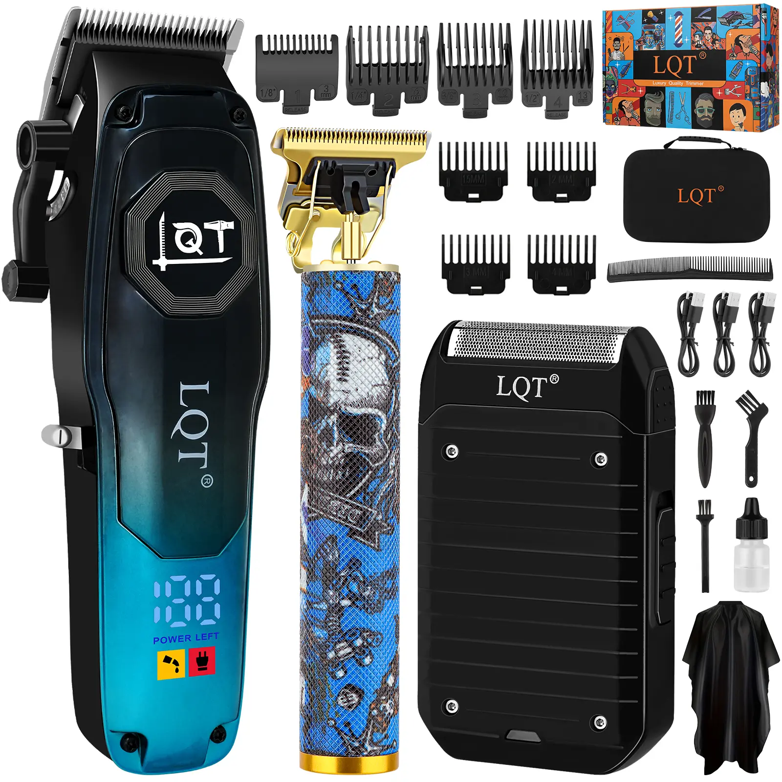 LQT Professional Barber Clippers Set for Men, 3-in-1 Cordless Hair Clippers and Trimmer Kit with T-Blade Trimmer & Foil Shaver, LED Display, Stainless Steel Blades, Adjustable Lever, Rechargeable Grooming Set for Hair, Beard & Face