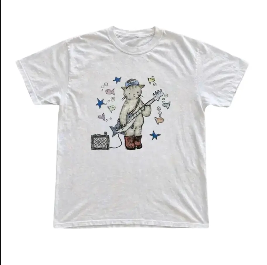Rock Cat White T-Shirt, Animal Tee, Y2k Shirt, Unisex Vintage Graphic Tees Gothic Grunge Y2k Emo Scene Amity Affliction Style