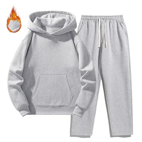 Men's Fashion 2-Piece Fleece-Lined Polyester Tracksuit - Plain Long Sleeve Hooded Hoodie, Drawstring Waist Loose-Fitting Comfy Sets Sweatpants, Cozy Breathable Soft Warm Outfits for Daily & Spring Fall Outdoor Wear Beige Motocross Menswear