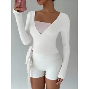 Women's Multicolor Yoga Fitness Front-Tie V-Neck Long Sleeve Cropped Tee, a minimalist and elegant essential for spring and autumn seasons, Gym Yoga Clothing Gym Top Gym Workout Clothes