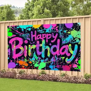 Party Backdrop Neon Happy Birthday Backdrop for Glow Neon Party Decorations Colorful Graffiti Splash Paint Birthday Supplies Neon Birthday Background Graffiti 80's 90's Happy Birthday Banner Parents Friends Party Planners Polyester Banner