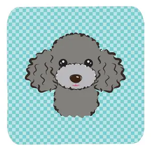 212 MAIN 3.5x3.5 In. Fade-Proof, Heat-Resistant Checkerboard Blue, Silver, Gray Poodle Print Foam Coasters - 4-Piece Tableware Set for Kitchen