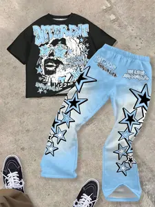 Casual Classic Cool Fashion Character Print Round Neck T-Shirt + Star Print Wide Leg Pants Set, Perfect for Summer Wear