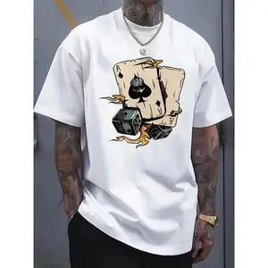 Men'S Cotton T-Shirt, Casual Crew Neck, Short Sleeve, Regular Fit, with Poker and Dice Print, for All-Season Knit Fabric Top